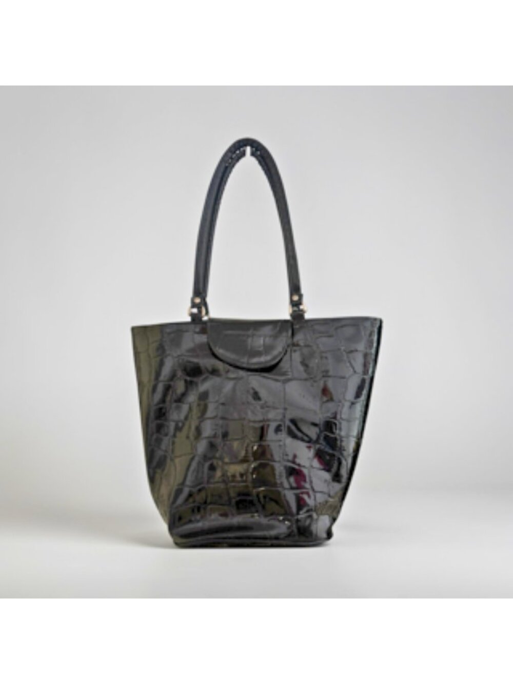 Capezio Black Croc Embossed Patent Tote Bag, Deep Structured Shoulder Bag Faux